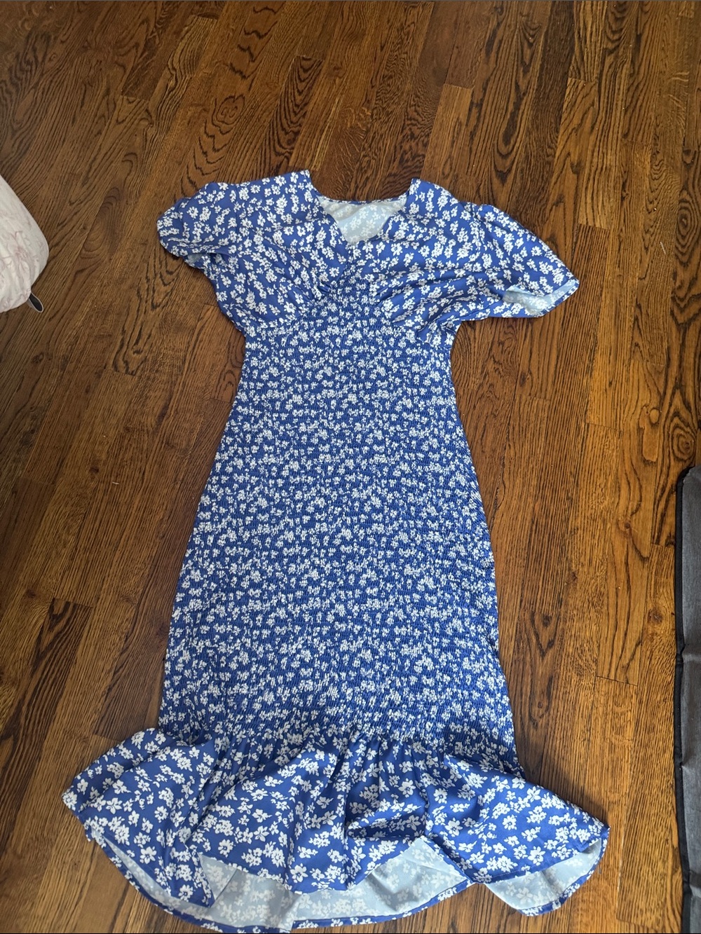 Blue Floral Ruffle-Hem Kids Dress